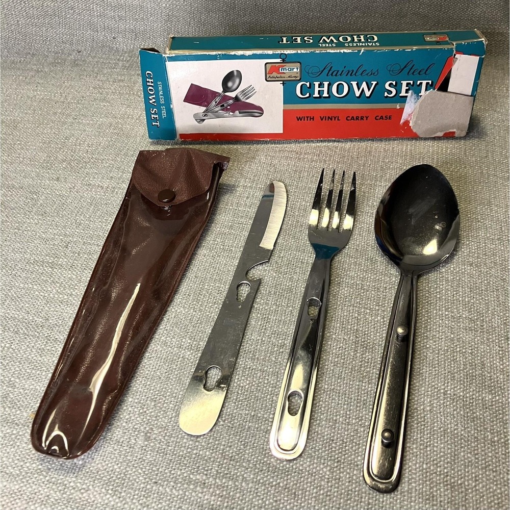 Vintage Kmart Stainless Steel Chow Set Camping Utensils Japan S.S. Kresge Box